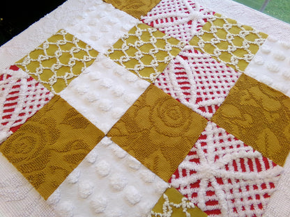 Vintage Chenille Fabric Squares - Set of 16 - Sporty Gold, White & Red - 6" Quilt Blocks