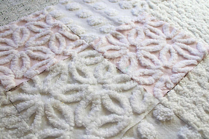 Baby's Breath Chenille Fabric Squares Set in White & Pink, Cut from Vintage Chenille Bedspread Material, 16 Blocks, 6" x 6" inch each