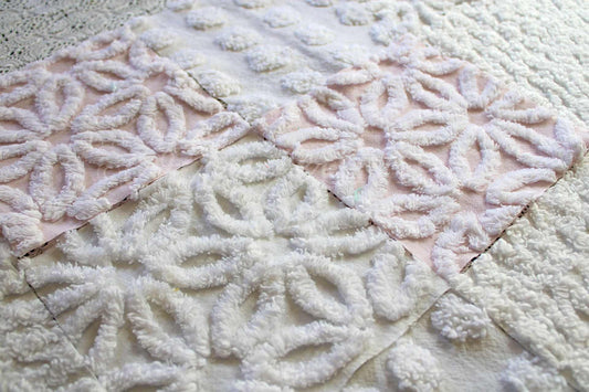 Baby's Breath Chenille Fabric Squares Set in White & Pink, Cut from Vintage Chenille Bedspread Material, 16 Blocks, 6" x 6" inch each