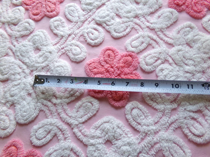fluffy flowers vintage chenille fabric, plush pink & white sewing material, 19" x 22" inch piece for pillows, quilts, fiber arts