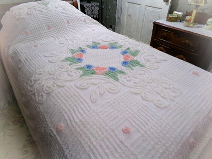 roses in winter vintage chenille bedspread, white cotton summer coverlet, classic cottage style full size bedding