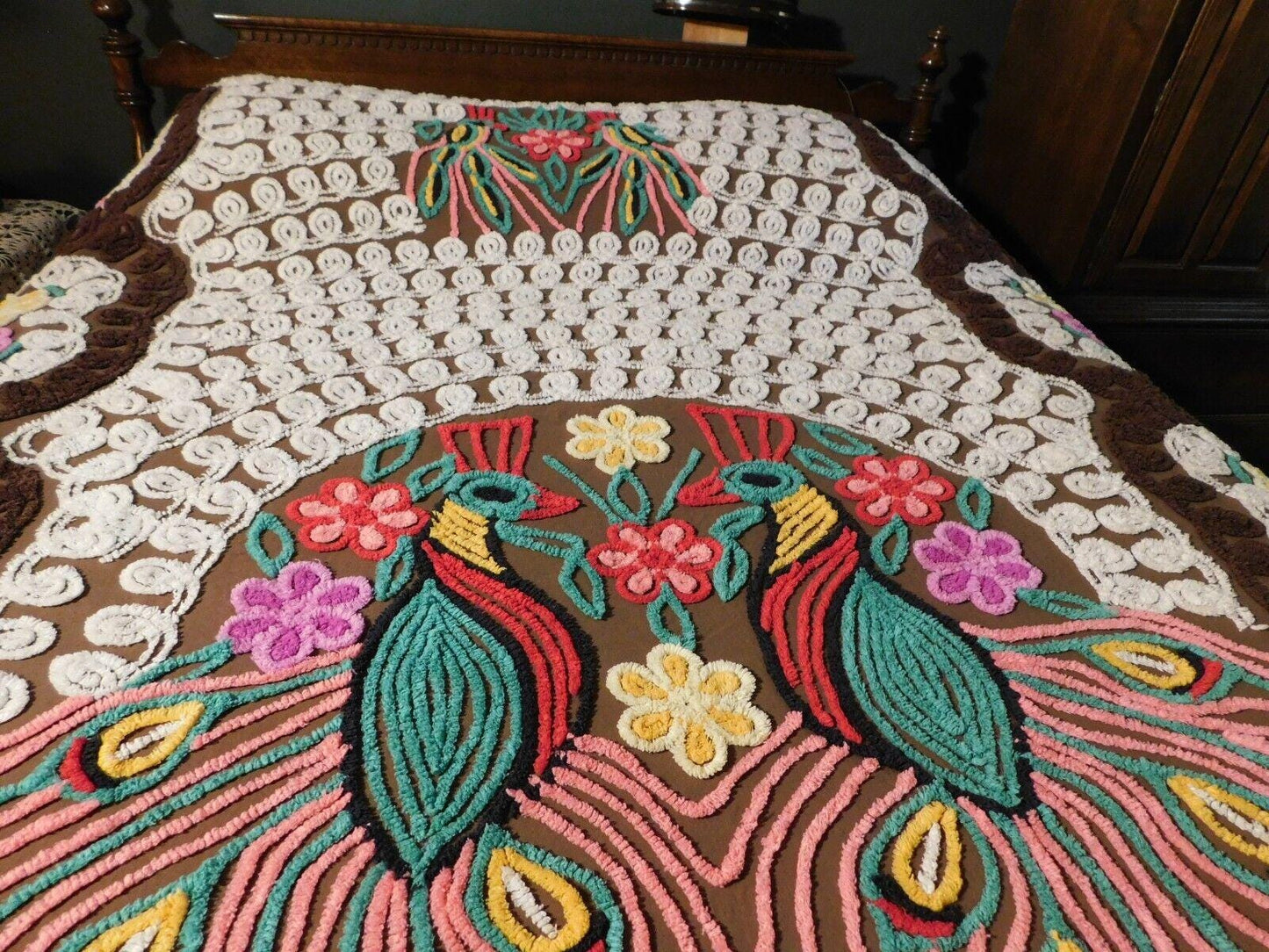 Iconic Vintage Peacock Chenille Bedspread, Rainbow Lovebirds & Hearts, FULL Size