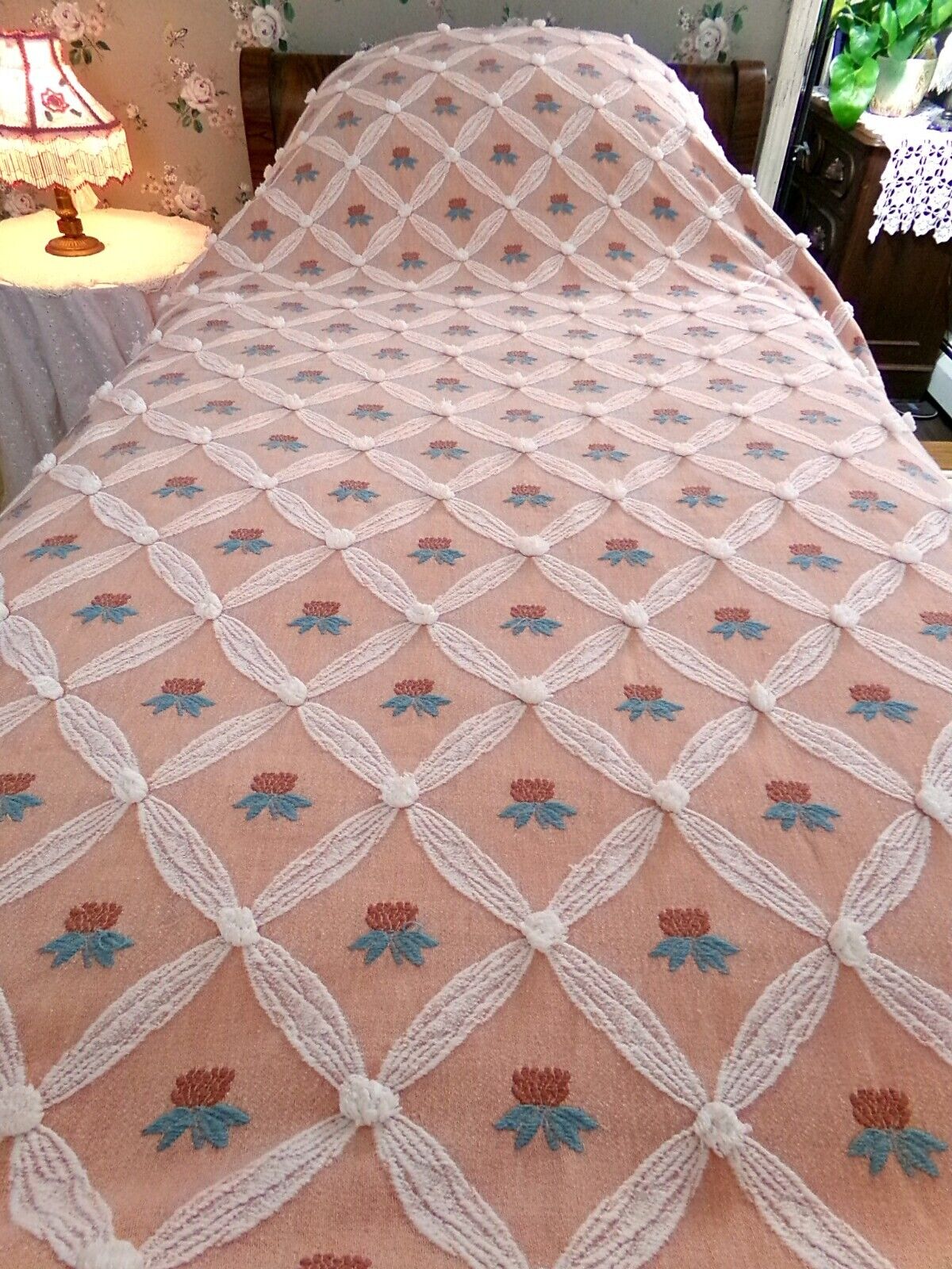 shabby chic style Vintage woven & chenille bedspread, coral rose twin coverlet