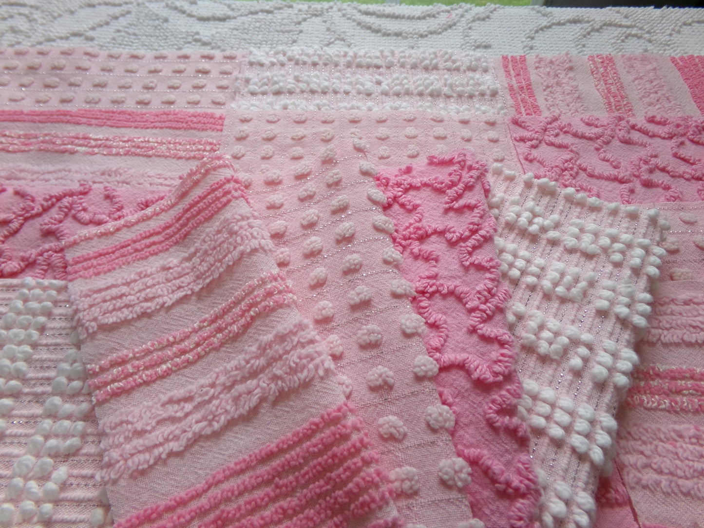 partytime pinks vintage chenille fabric squares, set of 16 fun 6" quilt blocks for quilting, sewing, crafts