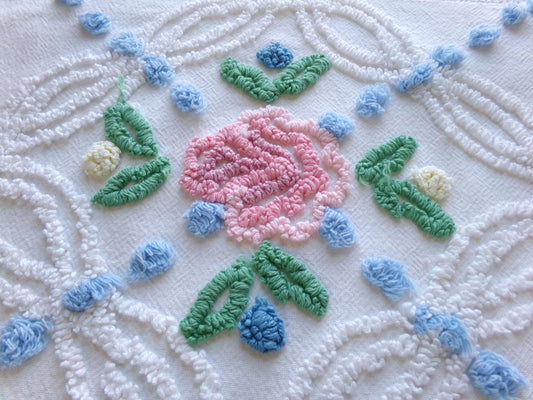 favorite cottage style vintage chenille fabric, pink roses & blue dots, 20" x 27" piece of white sewing material for quilting and crafts