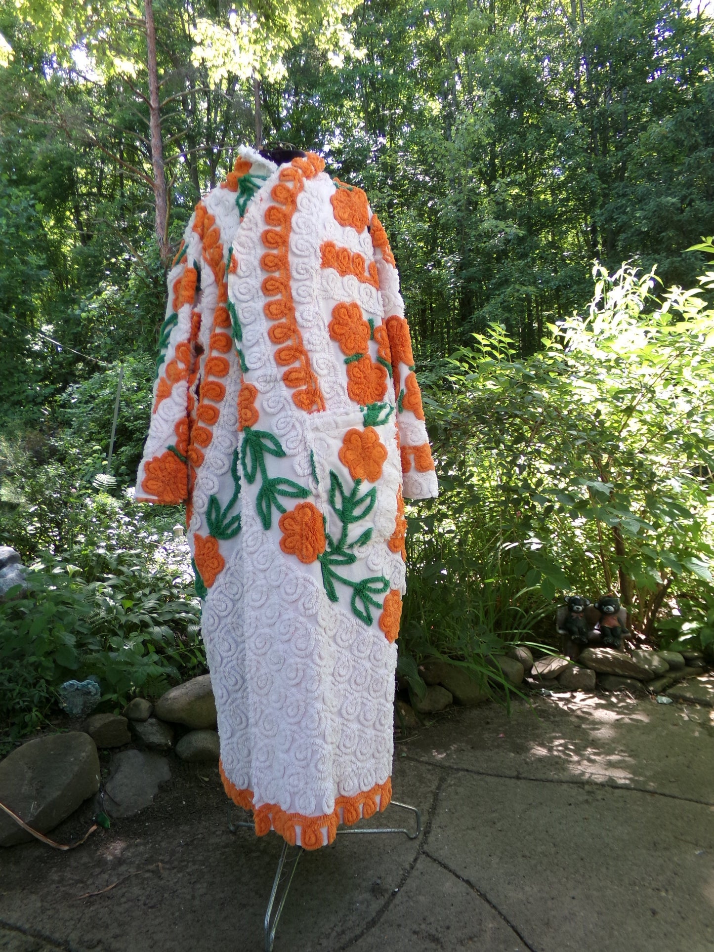 Plush & Warm Women's Chenille Robe, "Citrus Dreams" Bathrobe Upcycled from Vintage Chenille Bedspread Fabrics, Size L XL 1X