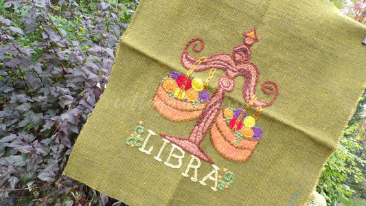 LIBRA Rare Zodiac Vintage Astrology Embroidery, Paragon Crewel Stitchery, Completed, an Original 1969 Barbara Sparre Design