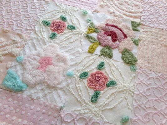 fairy flowers chenille fabric squares, set of 16 vintage craft quilt blocks 6" inches ea, soft pink, peach & floral