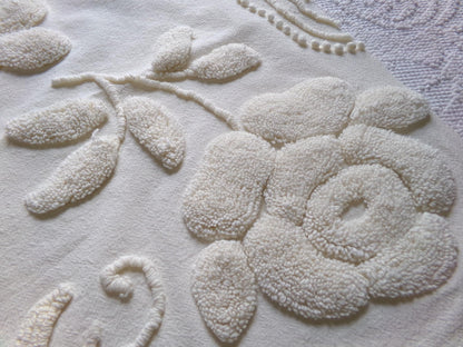 ivory rose vintage chenille fabric, vintage cotton 15" x 21" cut piece with sprawling stylized roses for quilting crafts and sewing