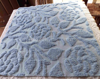 Sculpted Rose Vintage Chenille Quilt Fabric, 28" x 24" inch Piece, Tranquil Dusty Blue Cotton