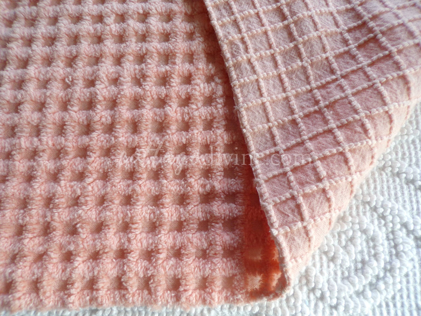 Mini Grid Vintage Chenille Quilt Fabric in Peach Bliss, 24" x 25" Piece, Snuggly Soft Cotton Waffle Tufting