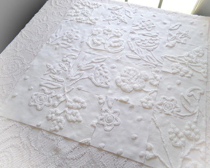 Vintage Chenille Fabric Squares in Winter Garden White Florals from Vintage Bedspread Fabric, Set of 16 Quilt Blocks, 6" x 6" inch