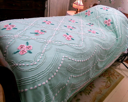 jade green pink rose vintage chenille bedspread, beautiful twin size shabby chic style bedding, great as a summer cottage coverlet