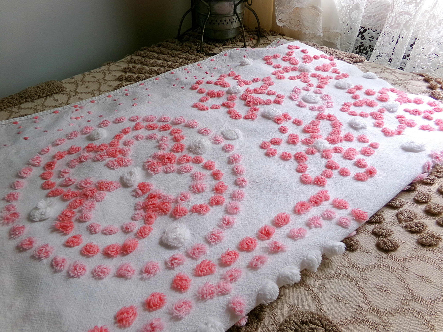 Spunky Daisy Medley Vintage Chenille Fabric, 23" x 18" inch handtufted antique Pink Pops piece, Fun in DIY Pillows