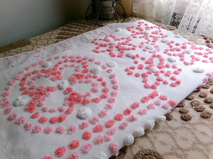 Spunky Daisy Medley Vintage Chenille Fabric, 23" x 18" inch handtufted antique Pink Pops piece, Fun in DIY Pillows