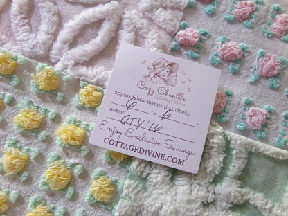 spring medley vintage chenille fabric squares, set of 16 pretty 6" quilt blocks, yellow & pink rosebud, daisy flower, white, mint green