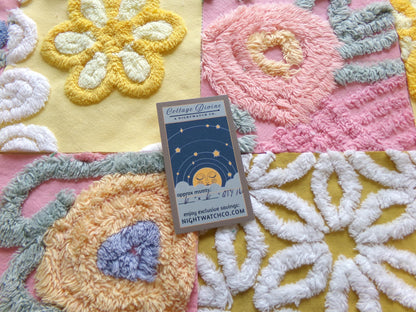 vintage chenille fabric squares, "buttercups & rose petals" set of 16 floral 6" quilt blocks in yellow flower, rose pink floral, gold daisy