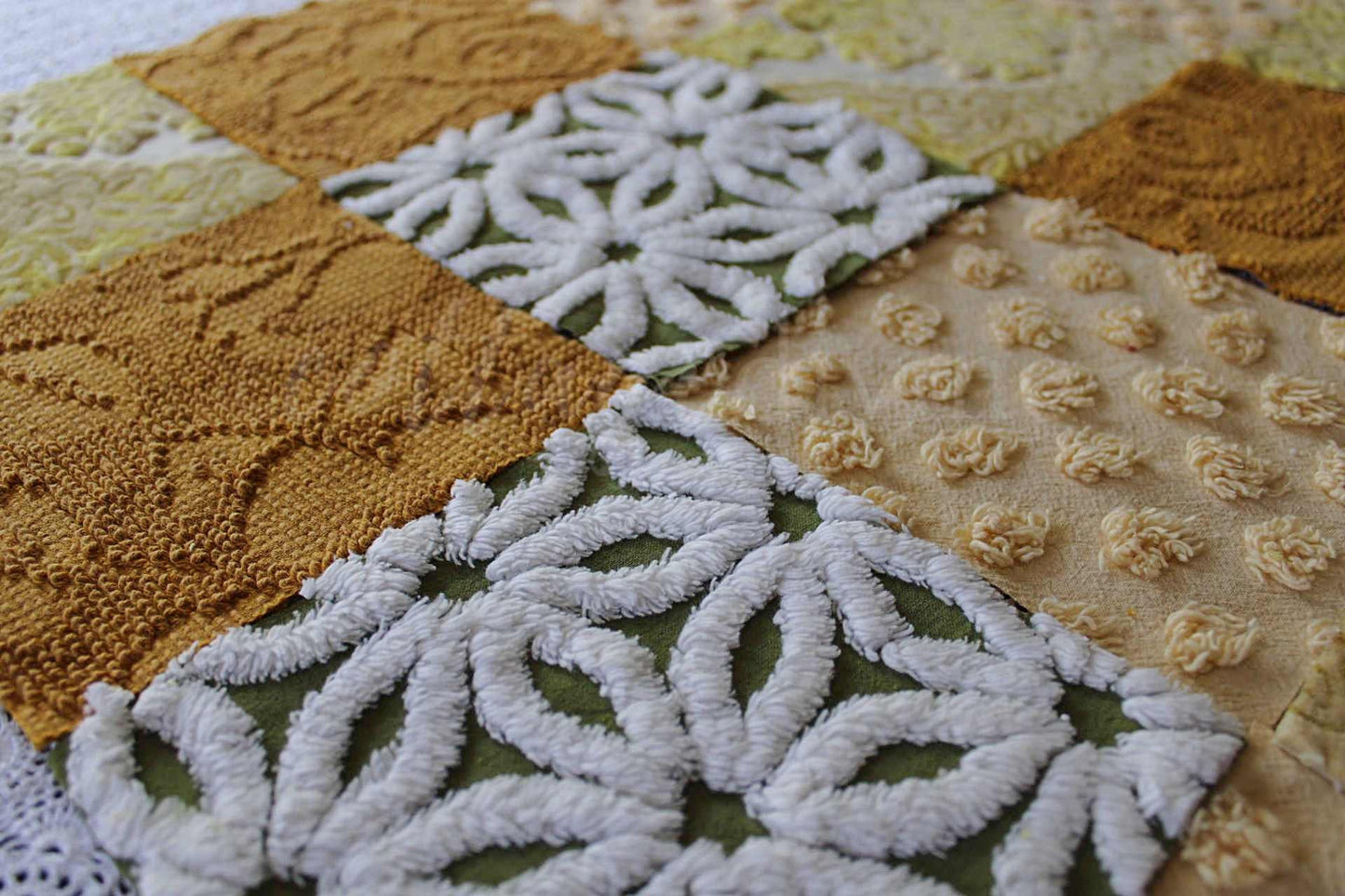 SuMmeR of LoVe Chenille & Velvet Quilt Squares Set, from Vintage Bedspread Fabric, 16 Blocks, 6" x 6" inches each, Earthtone Hippie Vibes