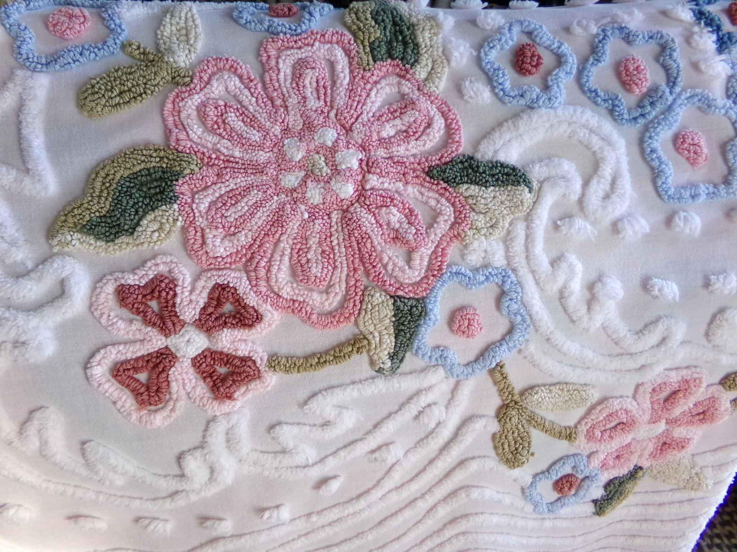 Lovely Spring Flowers Vintage Chenille Material, 29" x 25" inch Fabric Piece, Meadow Florals on White 100% Cotton, Pretty in pillows