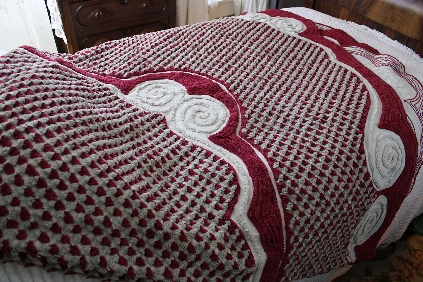 Plush Luxury Chenille Bedspread, Exceptional Vintage Bedding in Ice Grey, Berry Red & Dove Gray, Heavyweight FULL Size Bedding