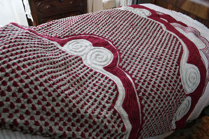 Plush Luxury Chenille Bedspread, Exceptional Vintage Bedding in Ice Grey, Berry Red & Dove Gray, Heavyweight FULL Size Bedding