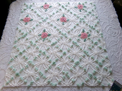 Cottage Life Vintage Chenille Fabric, 23" x 25" Piece, Beautiful Pink Roses Nested in White Wedding Rings with Mint Green Pops