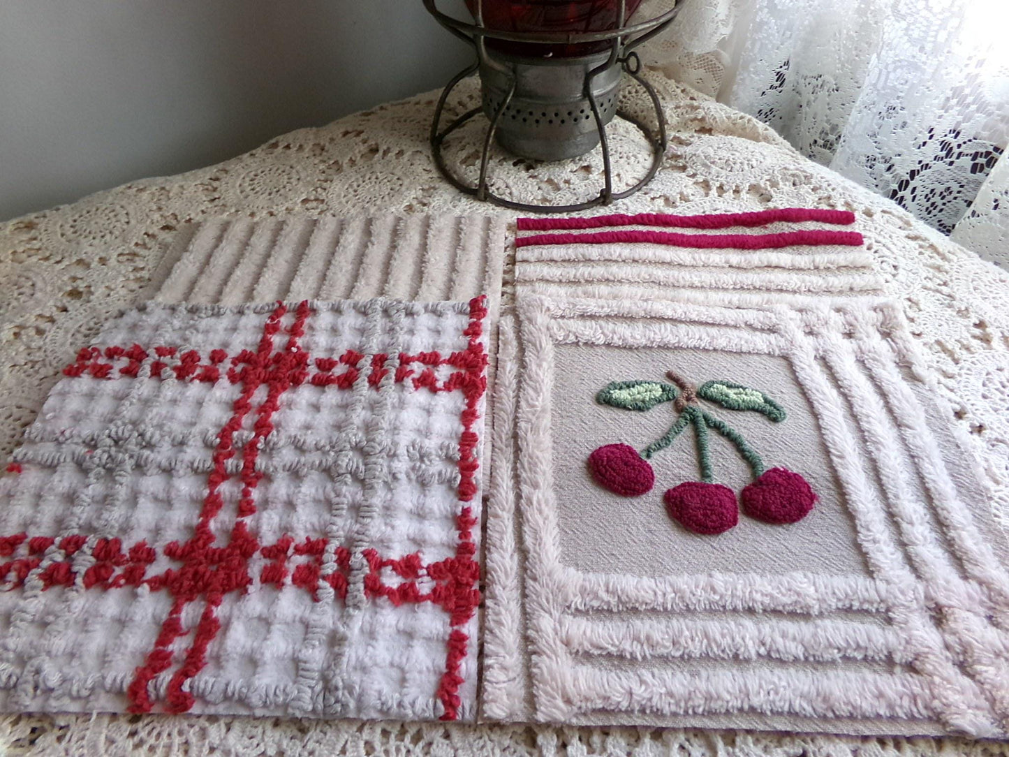 cheery cherry chenille quilt squares, 7.5" vintage fabric blocks, set of 8 in grey, white, maroon
