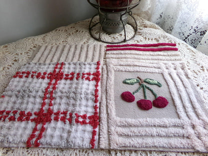 cheery cherry chenille quilt squares, 7.5" vintage fabric blocks, set of 8 in grey, white, maroon