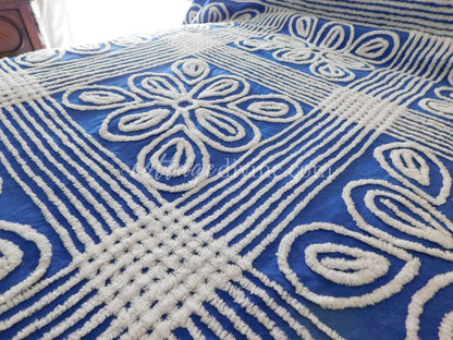 Shabby Chic Coastal Cottage Royal Blue Bold Floral Vintage Chenille Bedspread, FULL, Cotton