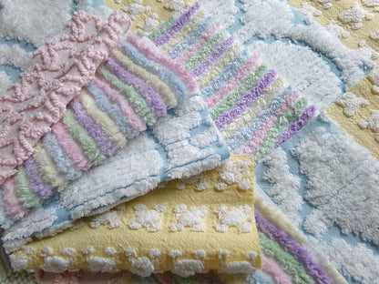 fairyland chenille fabric squares, 16 vintage 6" quilt blocks in pastel rainbow, pink & yellow rosebud, for sewing, crafts, fiber arts