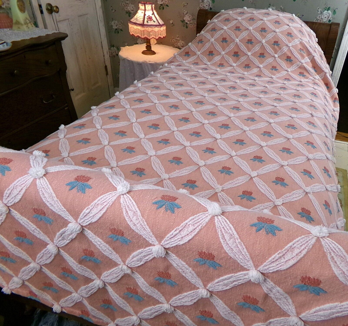 shabby chic style Vintage woven & chenille bedspread, coral rose twin coverlet