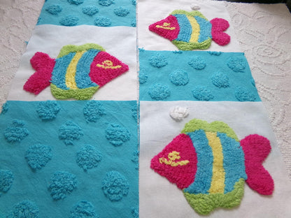 fish fiesta chenille fabric squares, set of 6 large 9.5" square quilt blocks, colorful fishies & bright coin dots