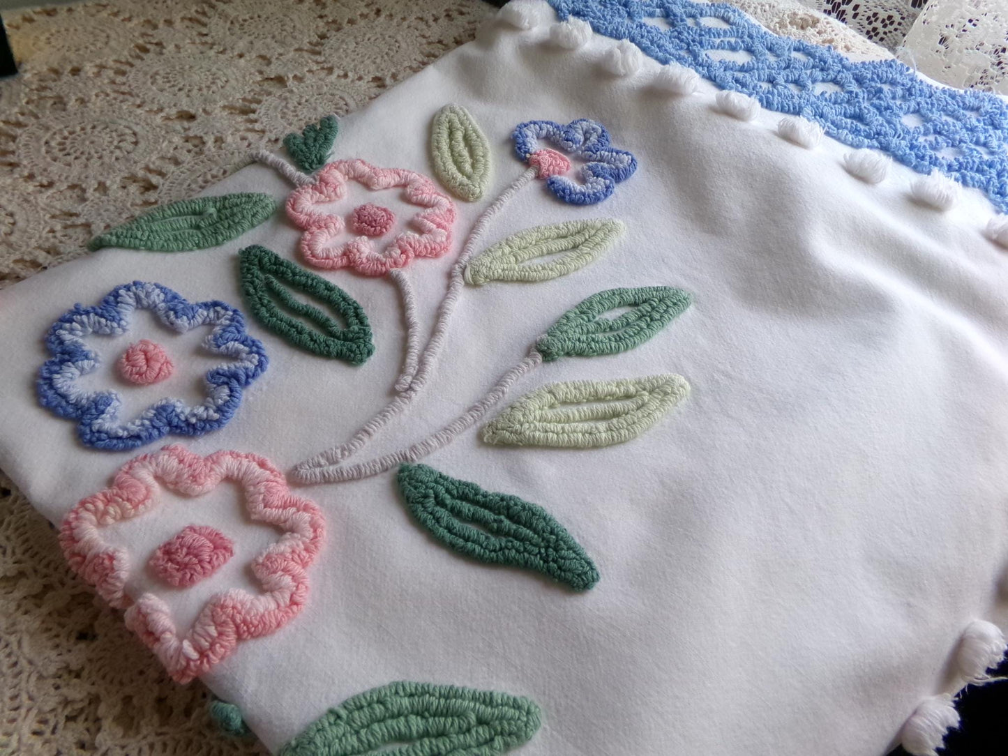 cottage style shabby pink & blue florals vintage chenille fabric, large 24" x 35" inch piece, so pretty for a pillow