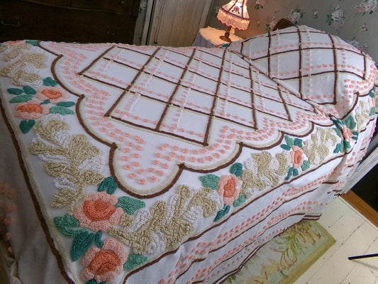 Vintage Full Size Chenille Bedspread, Natural Coral Roses, Peach Pops & Chocolate Accents on White Cotton