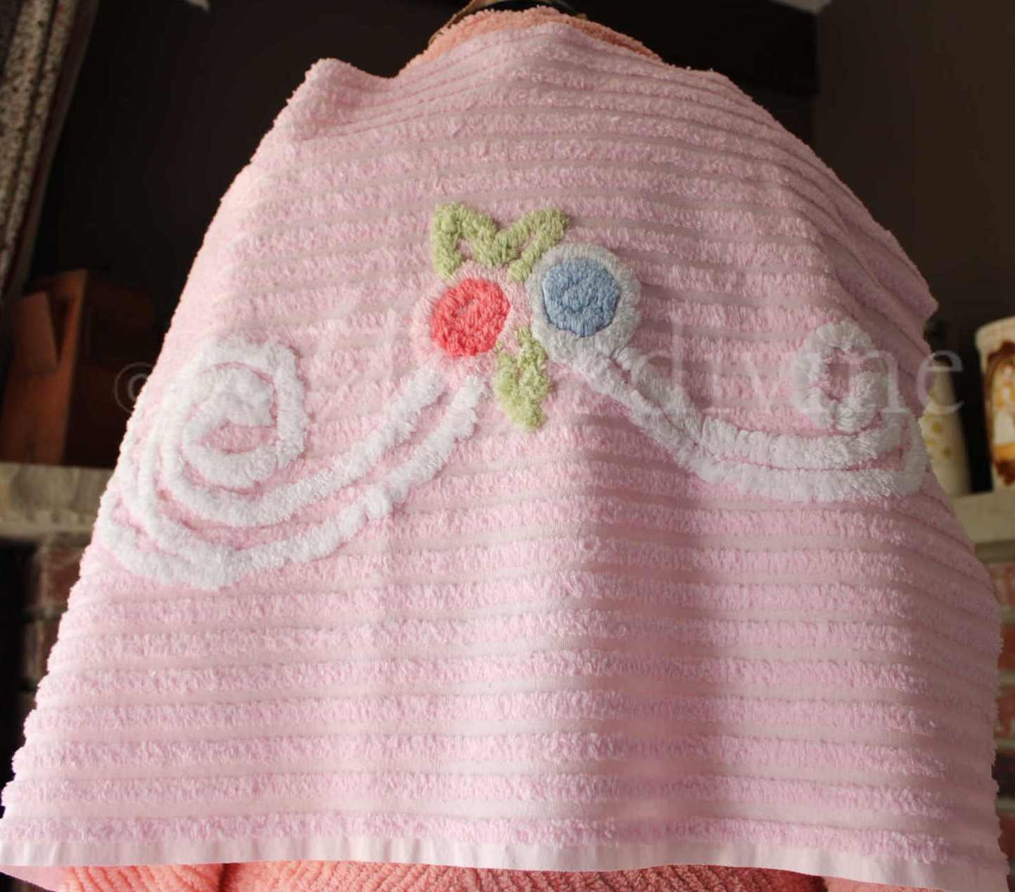 Simple Pink Floral Scroll Vintage White Chenille Fabric, 26" x 17" inch Piece, Great for Pillow Front