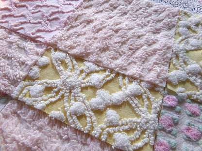 Whispers of Spring Vintage Chenille Fabric Squares Set 16 Blocks, 6" inch ea in Peach, Yellow, Pink & White daisies, rosebud, lattice, pops