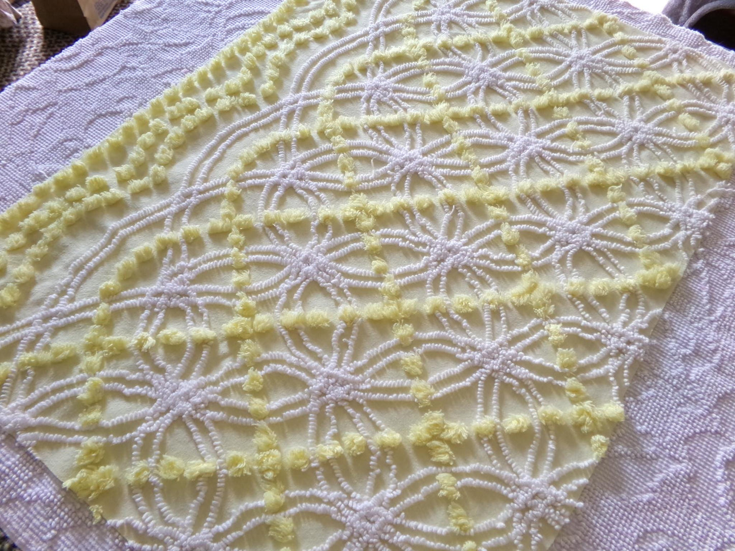 springtime yellow & white chenille fabric, vintage 27" x 21" inch piece of quilt material with fluffy pops, needletuft spider rings