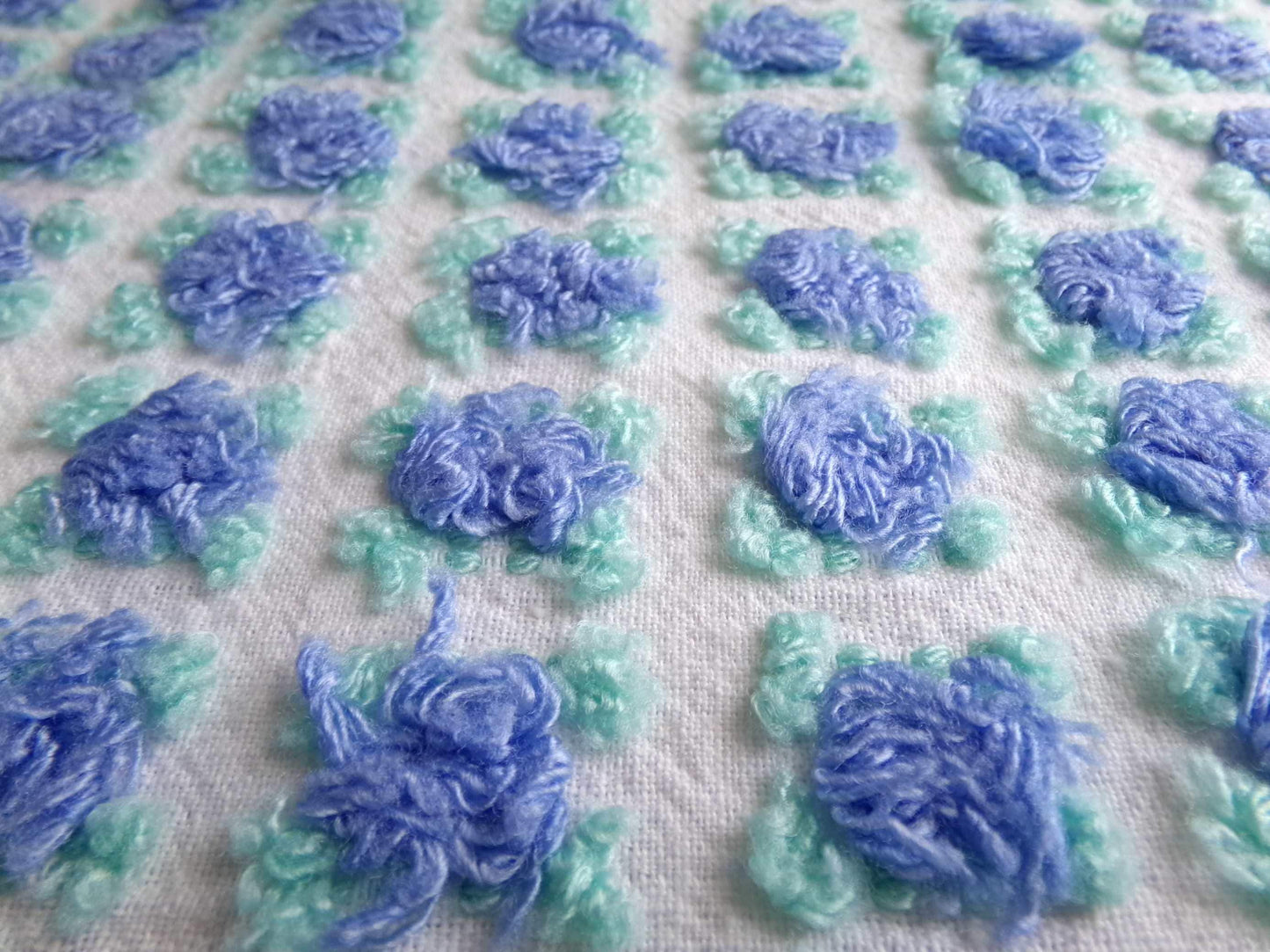 periwinkle blue rosebud chenille fabric, 20" x 24" inch piece cut from NOS vintage chenille bedspread, lovely blue roses quilt material