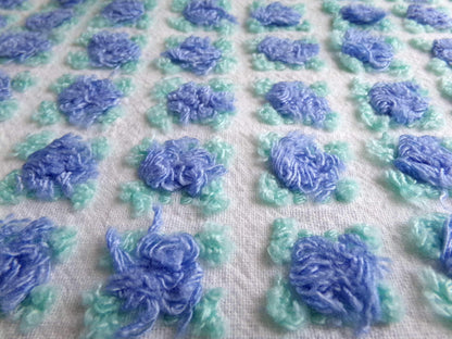periwinkle blue rosebud chenille fabric, 20" x 24" inch piece cut from NOS vintage chenille bedspread, lovely blue roses quilt material