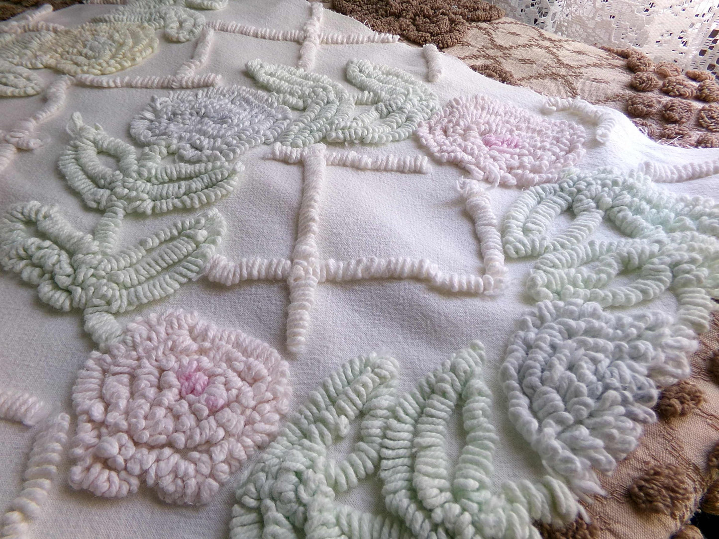 Pastel Spring Floral Wreaths Vintage Chenille FABRIC PIECE, 21" x 30" inches, Antique Cream