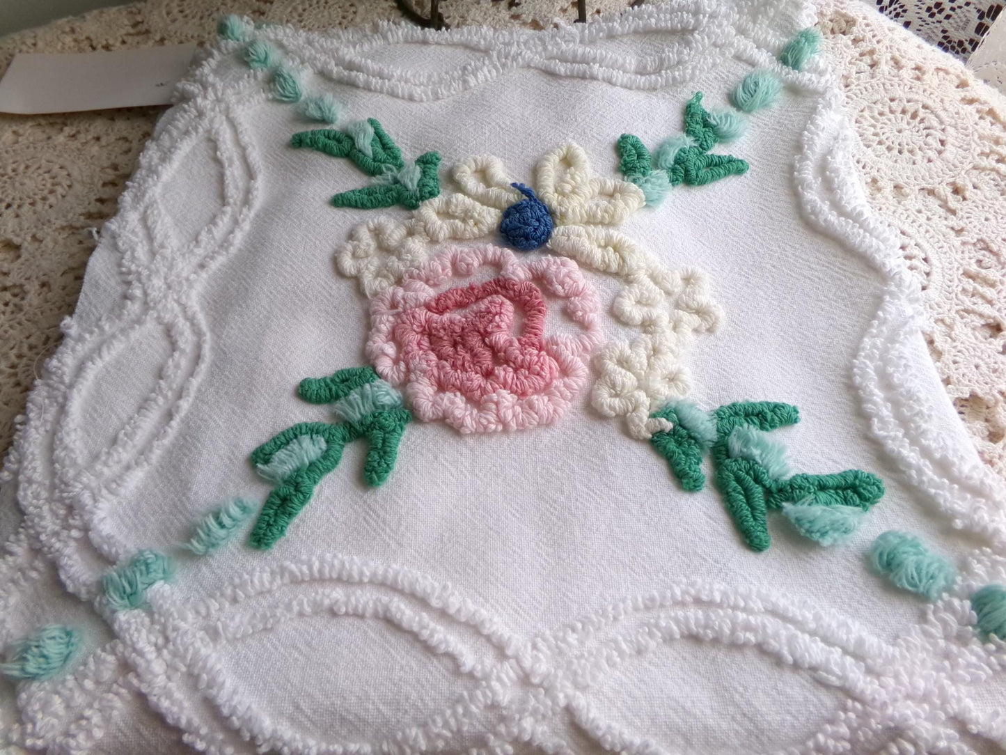 cottage style wildflower vintage chenille fabric, jadeite pops on white cotton, 22" x 23" inch piece of sewing material for quilting, crafts