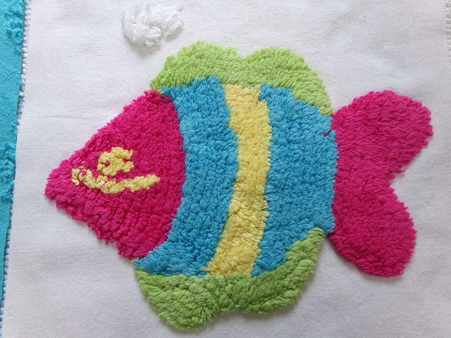 fish fiesta chenille fabric squares, set of 6 large 9.5" square quilt blocks, colorful fishies & bright coin dots