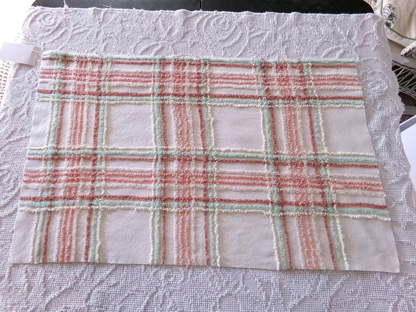 spring plaid vintage chenille fabric, cottage style sewing material for quilts, pillows & crafts, 17" x 27" inch piece