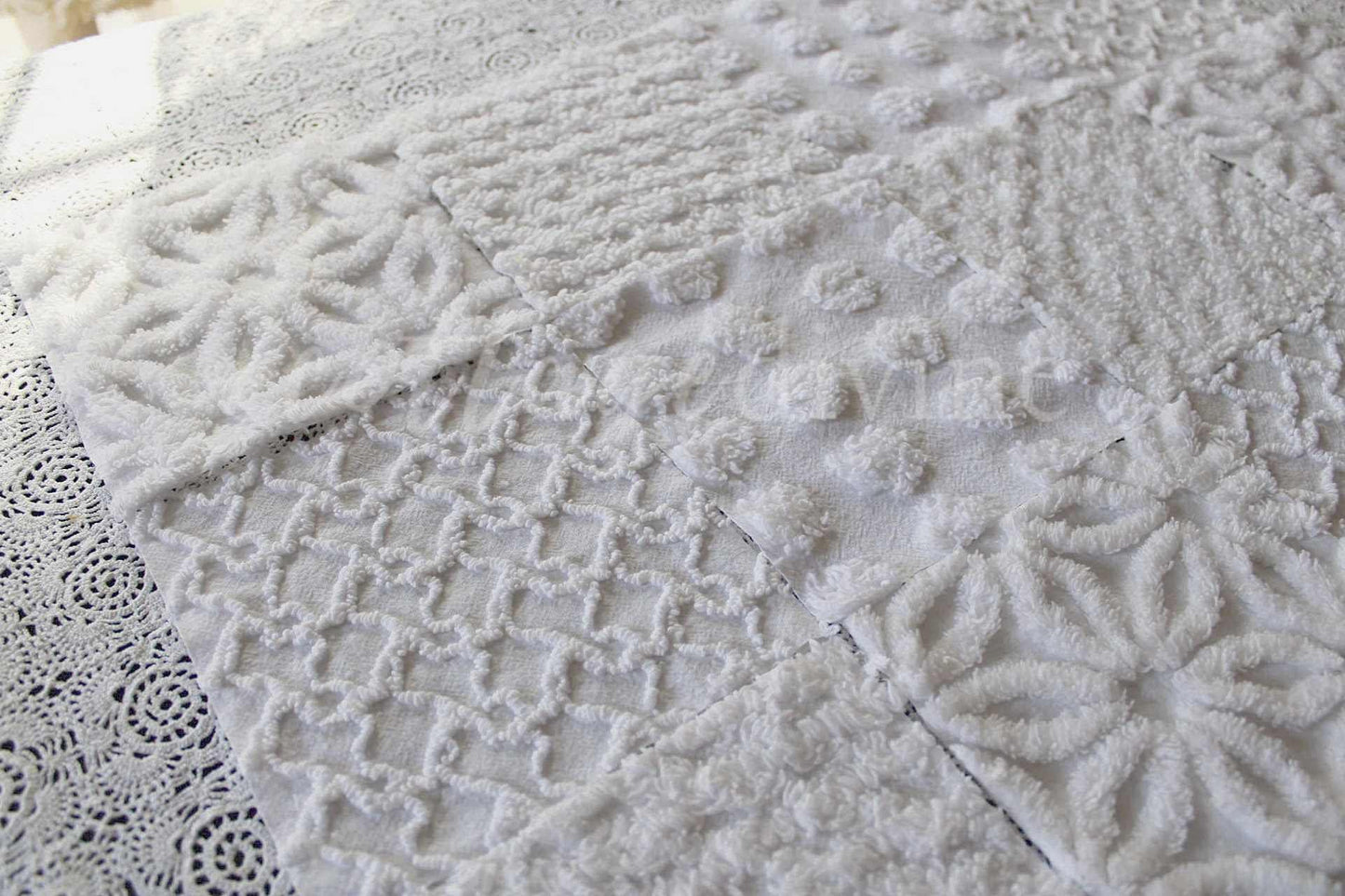 Snow Angel White Chenille Quilt Squares Set from Vintage Bedspread Fabric, 16 Blocks, 6" x 6" inch
