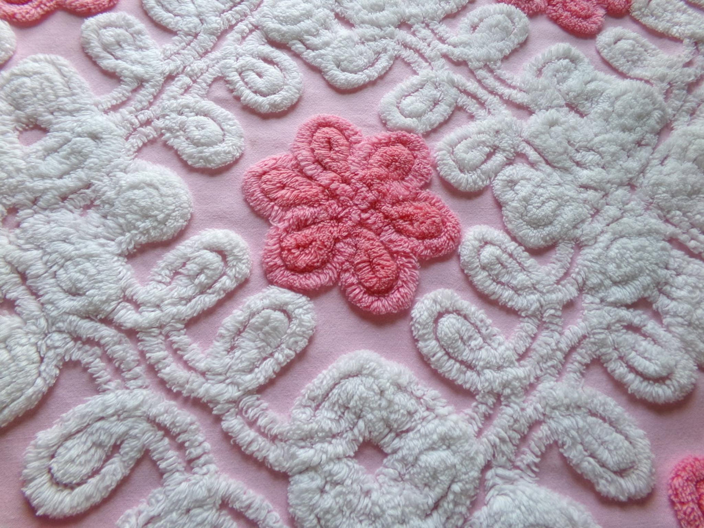 fluffy flowers vintage chenille fabric, plush pink & white sewing material, 19" x 22" inch piece for pillows, quilts, fiber arts