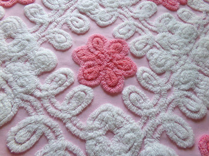 fluffy flowers vintage chenille fabric, plush pink & white sewing material, 19" x 22" inch piece for pillows, quilts, fiber arts