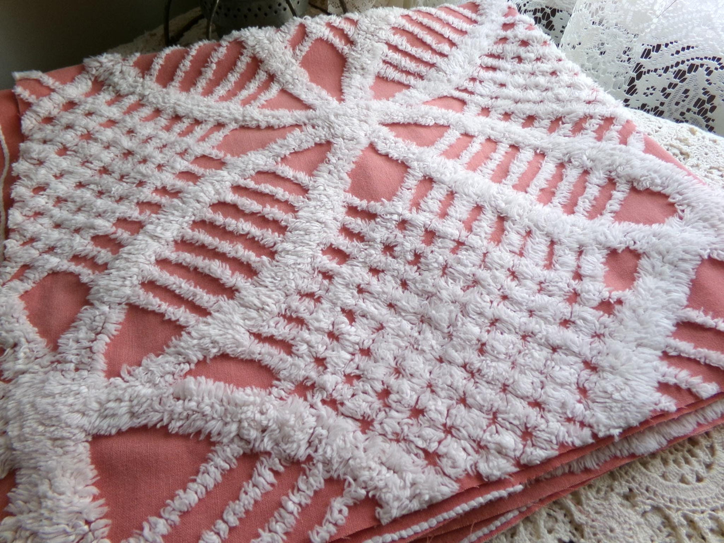 Unique Terracotta Rose Vintage Chenille Fabric, 29" x 27" Inch Piece, White Geometric Designs