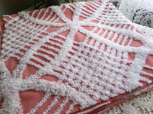 Unique Terracotta Rose Vintage Chenille Fabric, 29" x 27" Inch Piece, White Geometric Designs