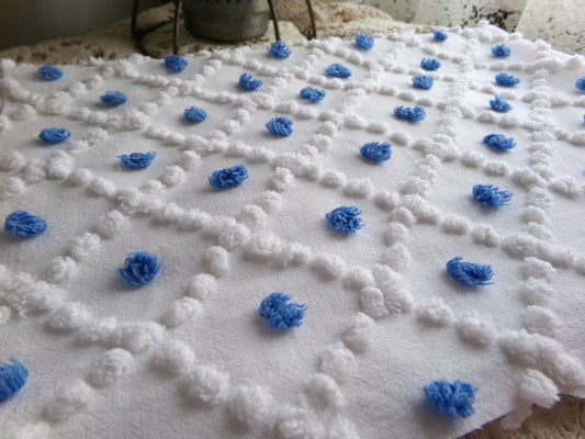 blueberry & white snowdrop pops chenille fabric, 18" x 26" inch piece of vintage sewing material for quilting, crafts