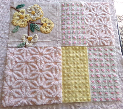chenille fabric squares, set of 6 big 9.5" square quilt blocks from vintage chenille bedspreads, dainty daisy, pink rosebud, floral, dots